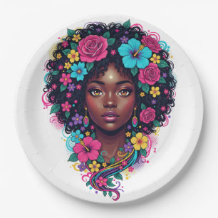 Deep Black Girl With Bright Flower Crown Afro Paper Plate