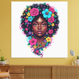 Deep Black Woman W/ Bright Flower Adorned Afro Canvas Print