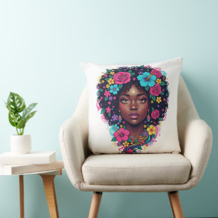 Deep Black Woman W/ Bright Flower Adorned Afro Cushion