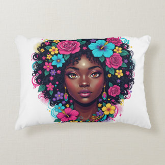 Deep Black Woman W/ Bright Flower Adorned Afro Decorative Cushion