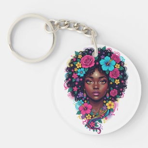 Deep Black Woman W/ Bright Flower Adorned Afro Key Ring