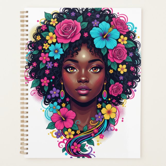 Deep Black Woman W/ Bright Flower Adorned Afro Planner (Front)