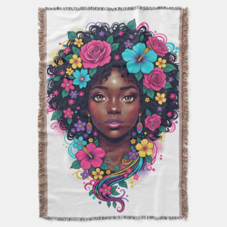 Deep Black Woman W/ Bright Flower Adorned Afro Throw Blanket