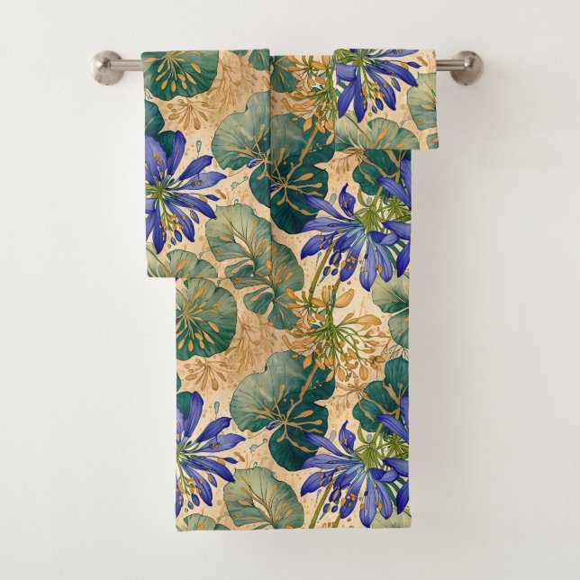 Deep Blue Agapanthus on Tan Bath Towel Set (Insitu)