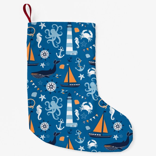 Deep Blue All Things Nautical Small Christmas Stocking (Front)