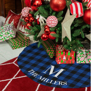 Deep Blue and Black Buffalo Check Family Monogram Brushed Polyester Tree Skirt