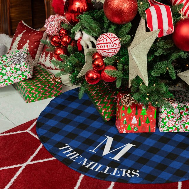 Deep Blue and Black Buffalo Check Family Monogram Brushed Polyester Tree Skirt (Deep Blue and Black Buffalo Check Family Monogram Brushed Polyester Tree Skirt)