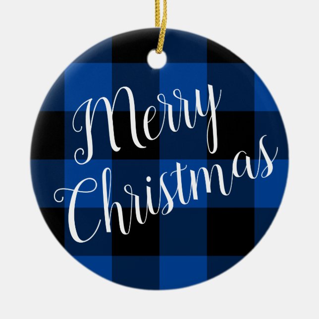 Deep Blue and Black Buffalo Plaid Merry Christmas Ceramic Tree Decoration (Front)