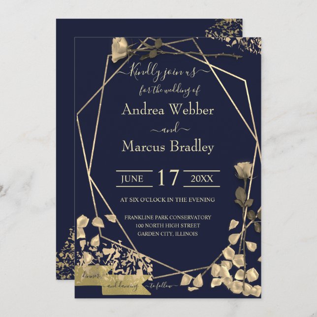 Deep Blue and Champagne Invitation (Front/Back)
