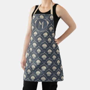 Deep Blue and Cream Seashell Pattern Monogram Apron