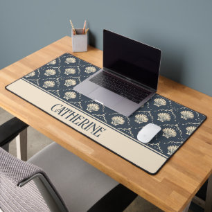 Deep Blue and Cream Seashell Pattern Personalised Desk Mat