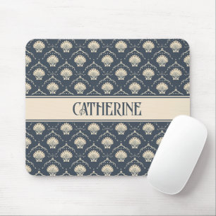 Deep Blue and Cream Seashell Pattern Personalised Mouse Pad