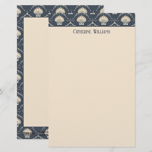 Deep Blue and Cream Seashell Pattern Personalised Stationery (Front/Back)
