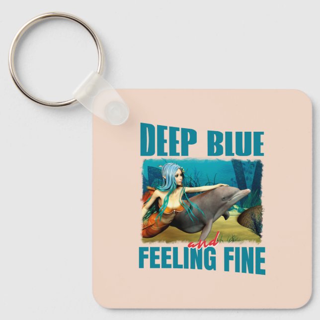 Deep Blue and Feeling Fine Mermaid Dolphin Art Key Ring (Front)