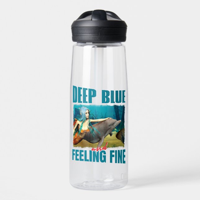 Deep Blue and Feeling Fine Mermaid Dolphin Art Water Bottle (Front)