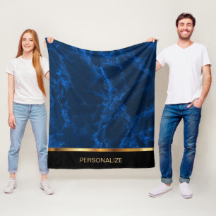 Deep Blue and Gold Marble Fleece Blanket