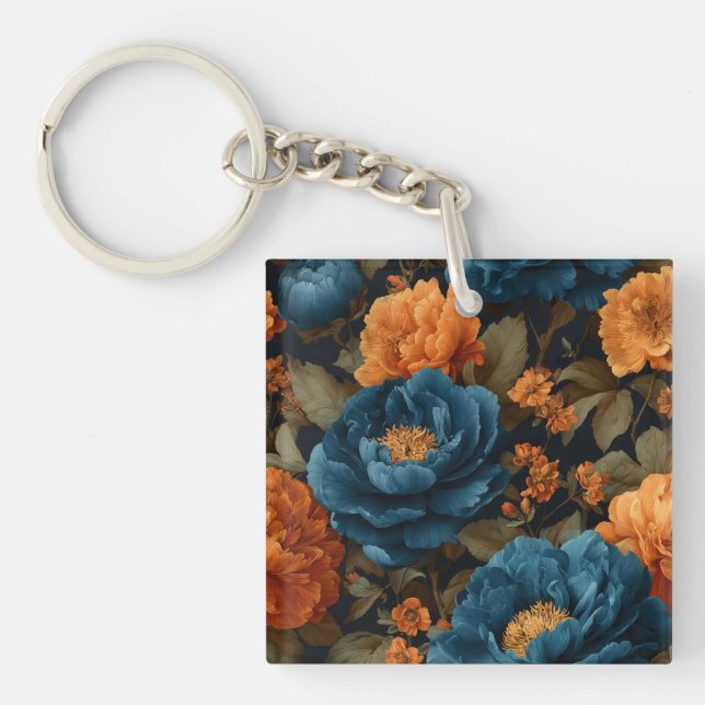 Deep Blue and Golden Orange Peonies Key Ring (Front)