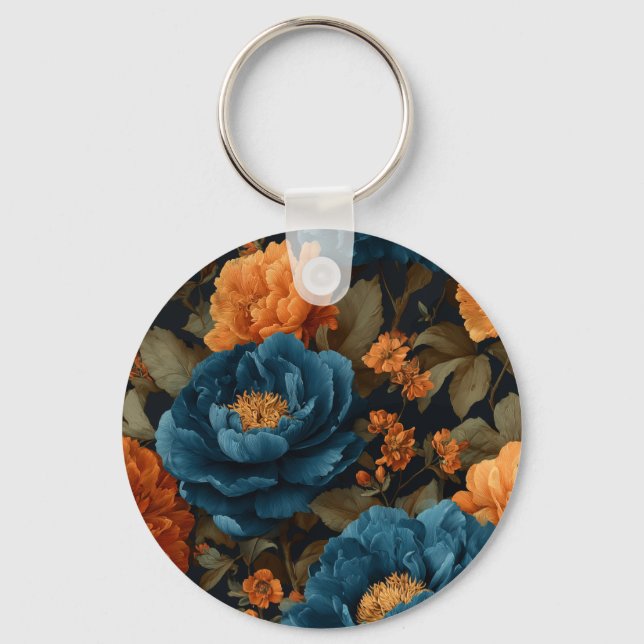 Deep Blue and Golden Orange Peonies Key Ring (Front)