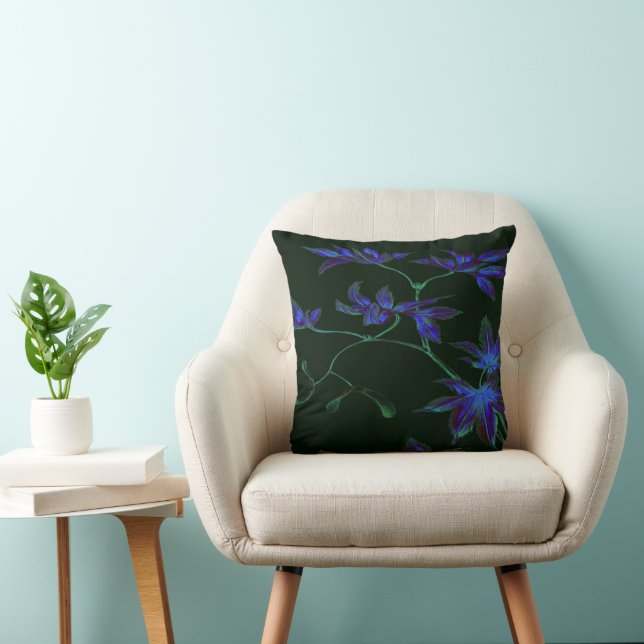 Deep Blue and Green Japanese Maple Leaf Design Cushion (Chair)