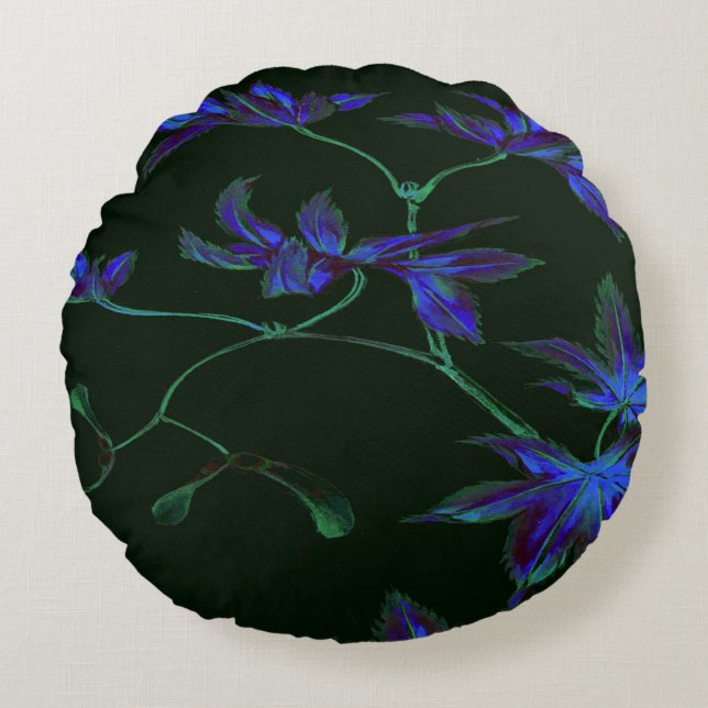 Deep Blue and Green Japanese Maple Leaf Design Round Cushion (Front)