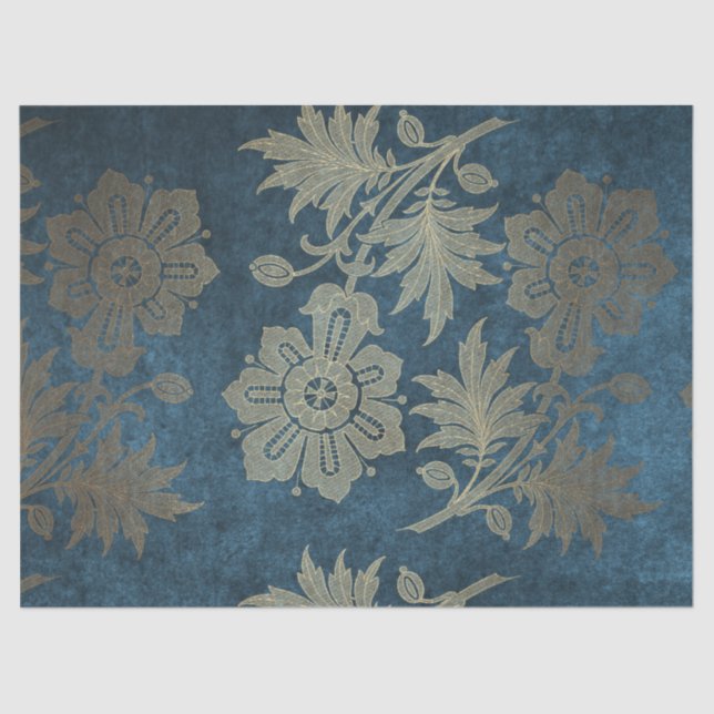 Deep Blue and Light Gold Flower Decoupage Tissue Paper (Front)