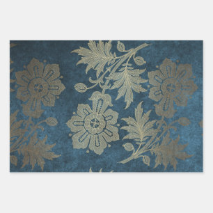 Deep Blue and Light Gold Flower Wrapping Paper Sheet