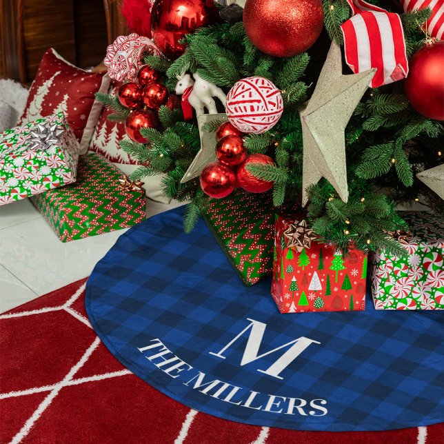 Deep Blue and Navy Buffalo Check Family Monogram Brushed Polyester Tree Skirt (Deep Blue and Navy Buffalo Check Family Monogram Brushed Polyester Tree Skirt)