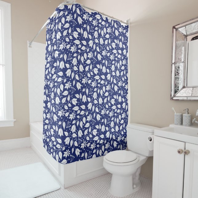 Deep Blue and White Floral Shower Curtain (In Situ)