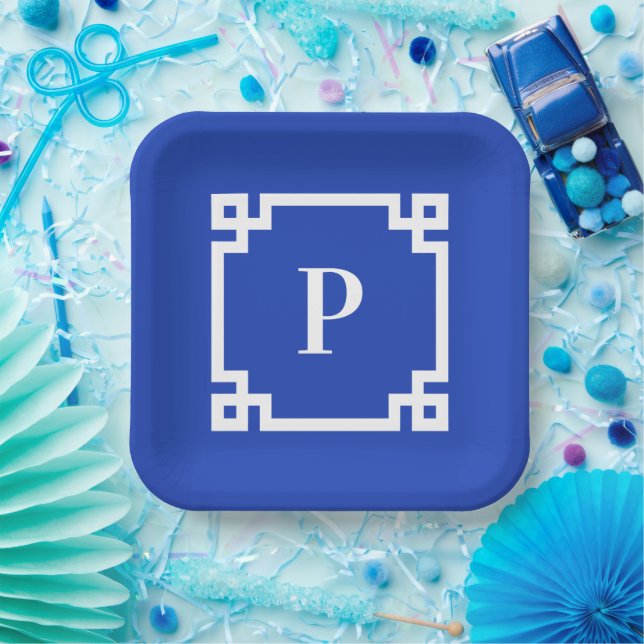 Deep Blue and White Greek Key Border Monogram Paper Plate (Party)