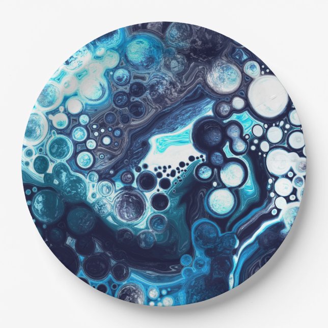 Deep Blue and White Marble Fluid Art    Paper Plate (Front)