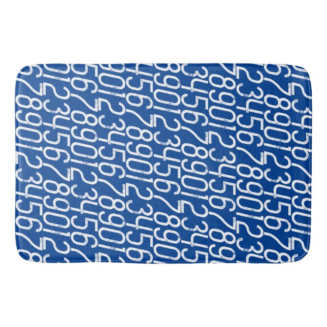 Deep Blue and white. Numbers Math. Bath Mat (Front)