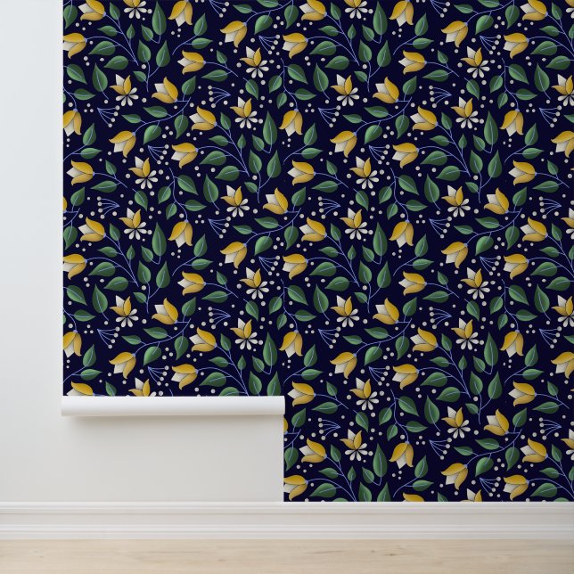 Deep Blue and Yellow Floral  Wallpaper (Application)