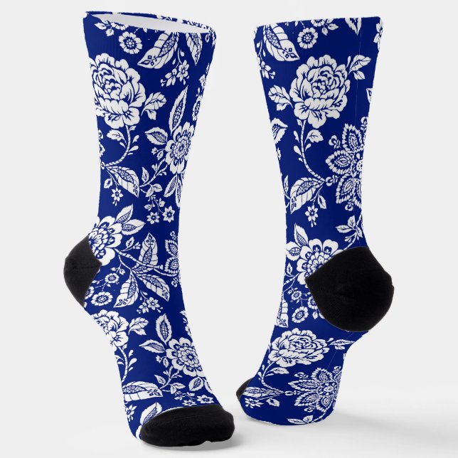 Deep Blue Background and White Floral Socks (Angled)