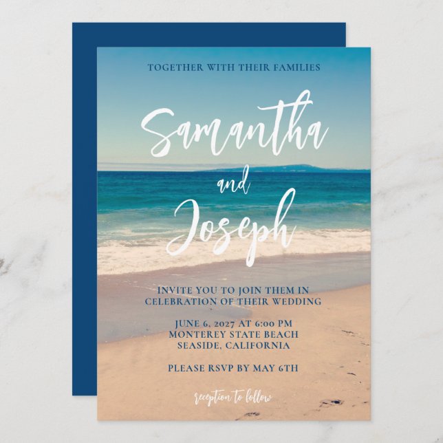 Deep Blue Beach Photo Wedding Invitation (Front/Back)