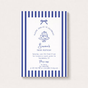 Deep Blue Bow, Striped Blue birthday Invitation