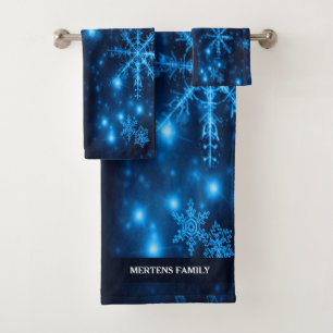 Deep Blue Bright Snowflakes Holidays Name Bath Towel Set