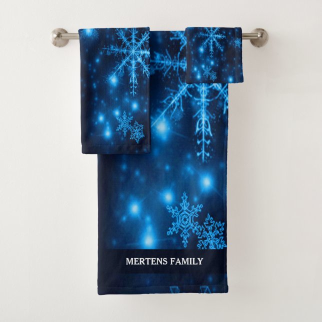 Deep Blue Bright Snowflakes Holidays Name Bath Towel Set (Insitu)