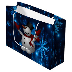 Deep Blue & Bright Snowflakes Snowman, Let It Snow Large Gift Bag