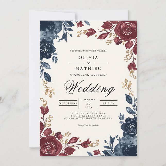 Deep Blue Burgundy Floral Flourish Wedding Invitation (Front)