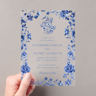 Deep Blue Chinoiserie Vintage Floral Wedding Acrylic Invitations