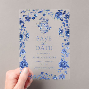 Deep Blue Chinoiserie Vintage Floral Wedding Acrylic Invitations