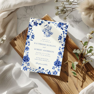 Deep Blue Chinoiserie Vintage Floral Wedding Invitation