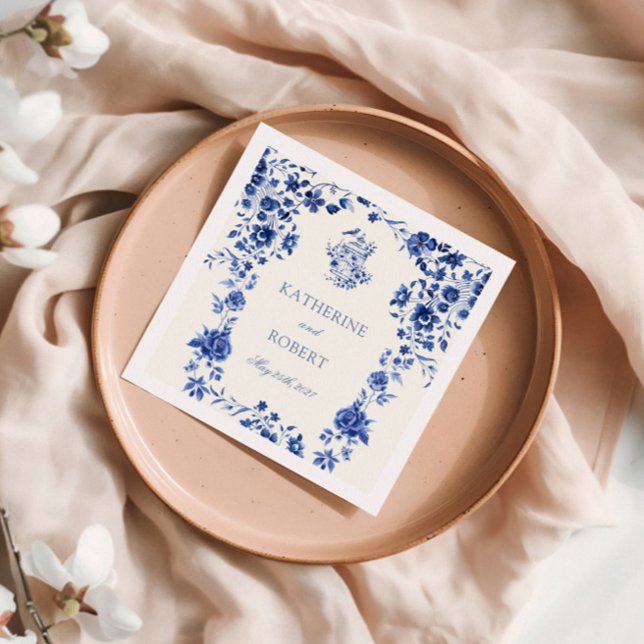 Deep Blue Chinoiserie Vintage Floral Wedding Napkin (Creator Uploaded)