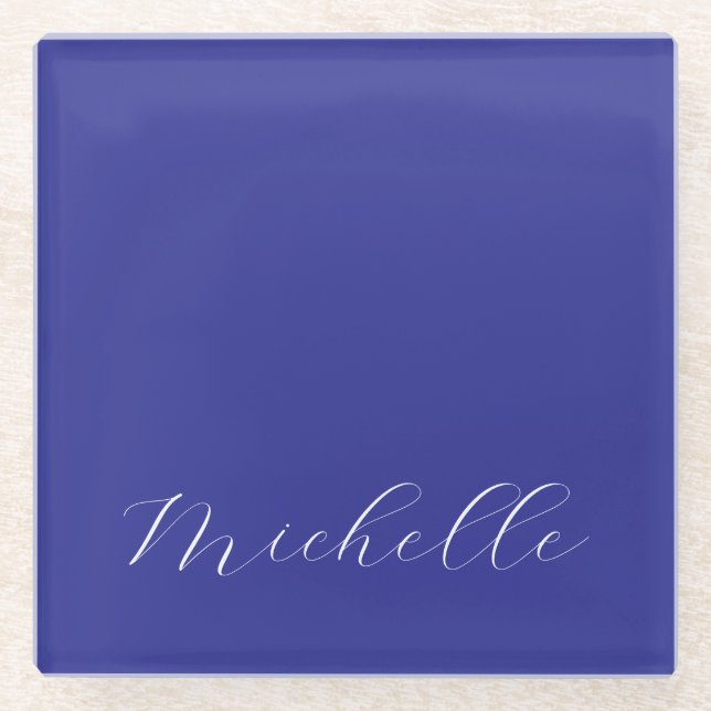 Deep Blue Colour Plain Modern Own Name Calligraphy Glass Coaster (Front)