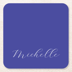 Deep Blue Colour Plain Modern Own Name Calligraphy Square Paper Coaster
