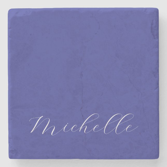 Deep Blue Colour Plain Modern Own Name Calligraphy Stone Coaster (Front)