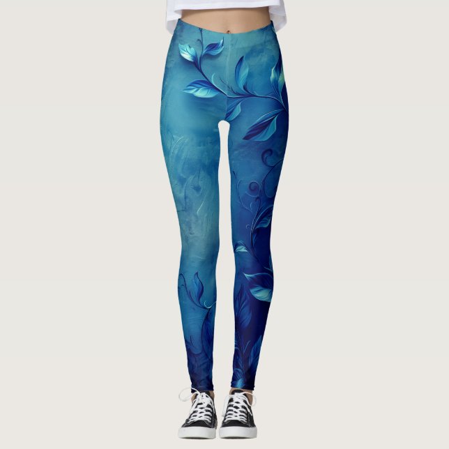 Deep Blue Decorative Leaves Leggings (Front)