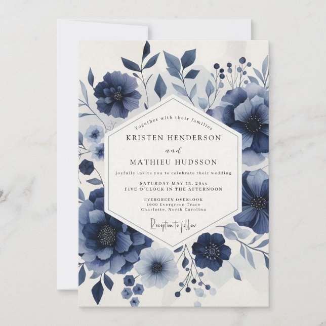 Deep Blue Ethereal Bloom Wedding Invitation (Front)