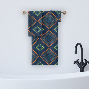 Deep Blue Ethnic Folk Boho Chic Mosaic Pattern Bath Towel Set