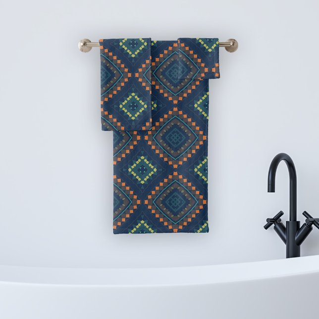 Deep Blue Ethnic Folk Boho Chic Mosaic Pattern Bath Towel Set (Creator Uploaded)